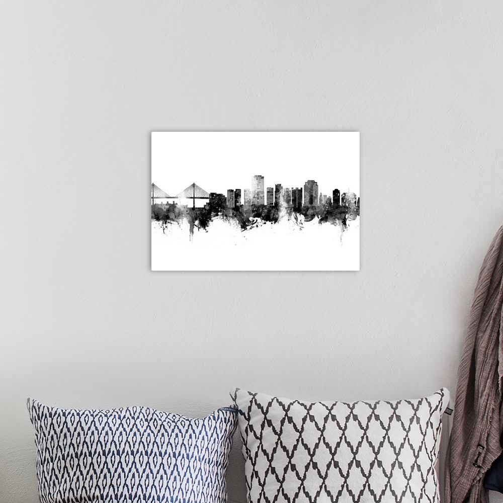A bohemian room featuring Watercolor art print of the skyline of Long Beach, California