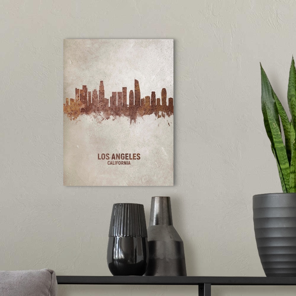 A modern room featuring Art print of the skyline of Los Angeles, California, United States. Rust on concrete.