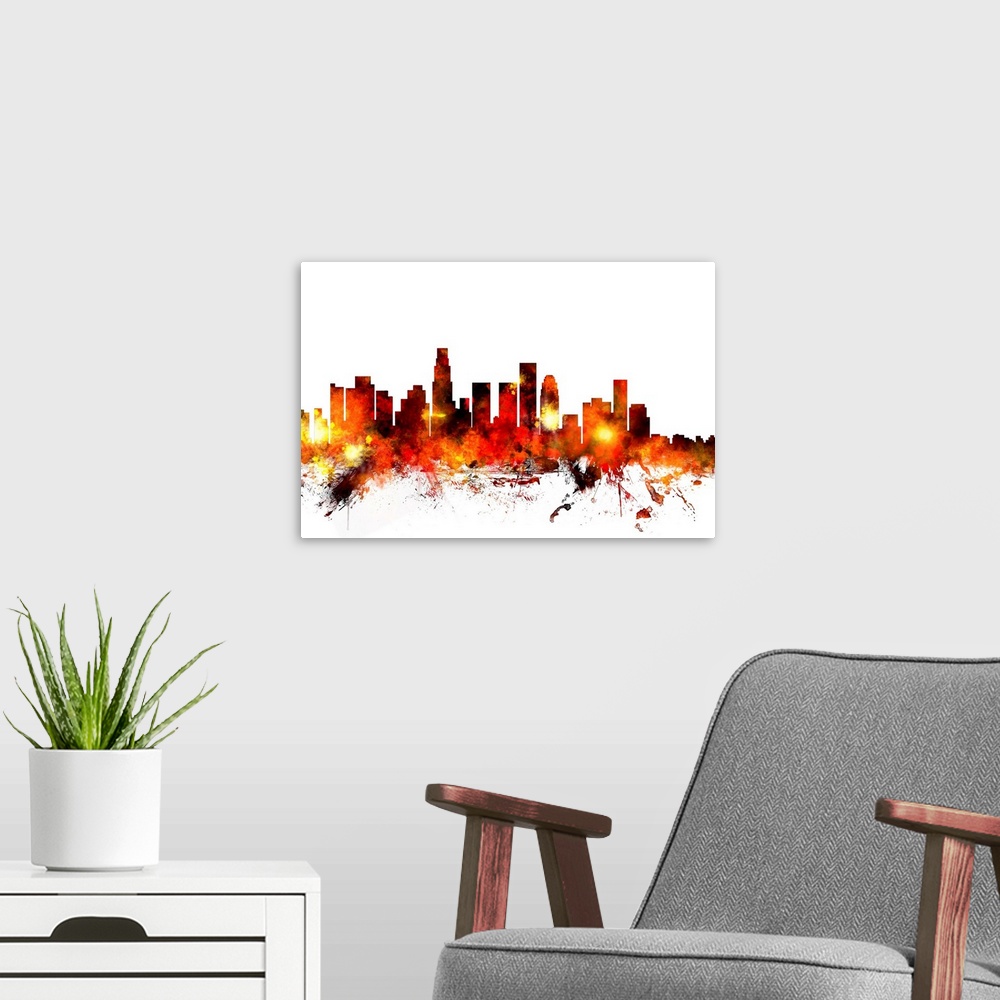 A modern room featuring Contemporary piece of artwork of the Los Angeles skyline made of colorful paint splashes.