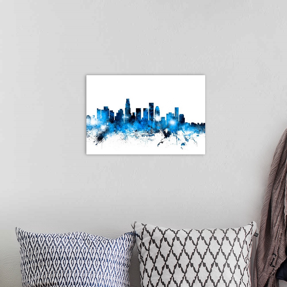 A bohemian room featuring Contemporary piece of artwork of the Los Angeles skyline made of colorful paint splashes.