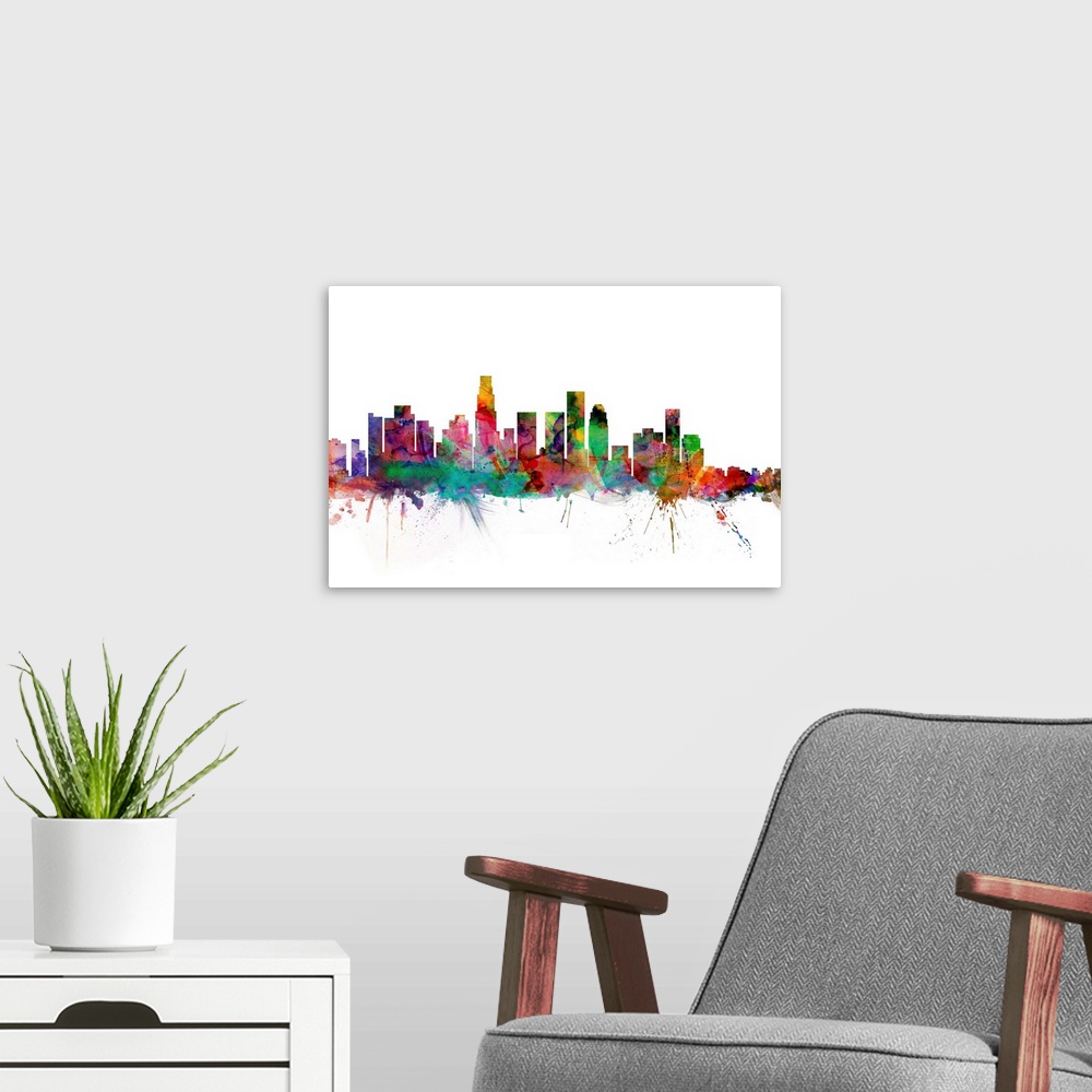 A modern room featuring Watercolor artwork of the Los Angeles skyline against a white background.