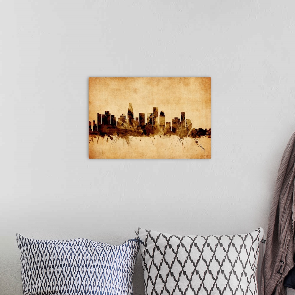 A bohemian room featuring Contemporary artwork of the Los Angeles city skyline in a vintage distressed look.