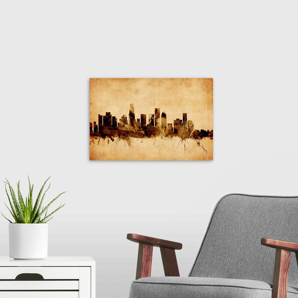 A modern room featuring Contemporary artwork of the Los Angeles city skyline in a vintage distressed look.