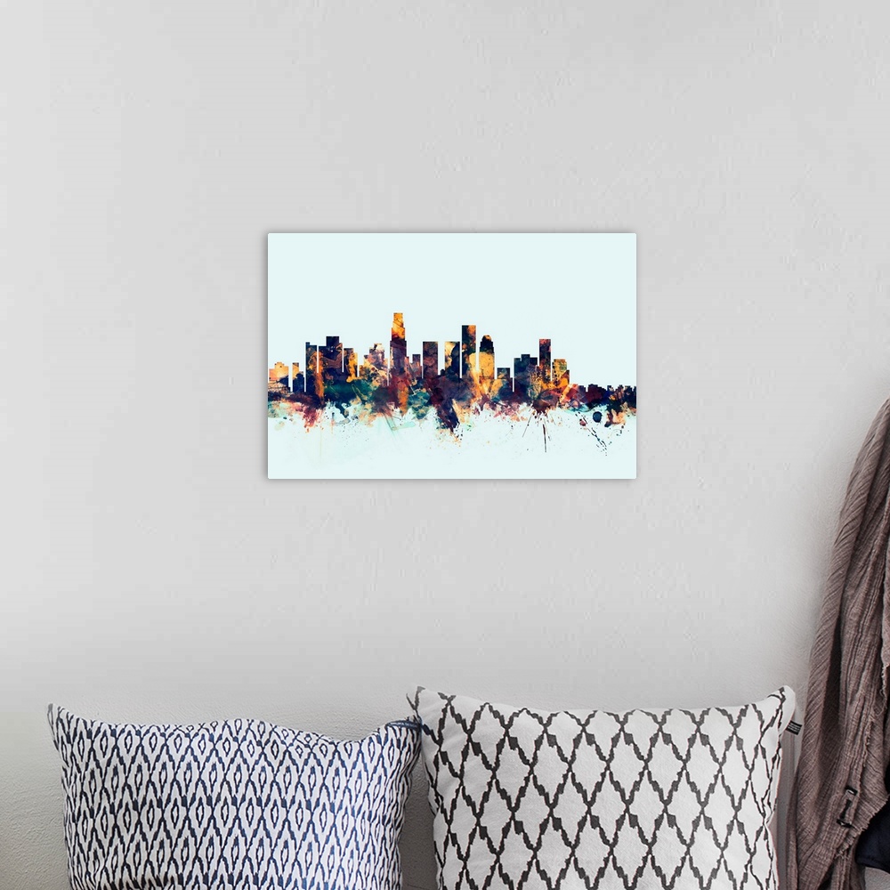 A bohemian room featuring Dark watercolor silhouette of the Los Angeles city skyline against a light blue background.