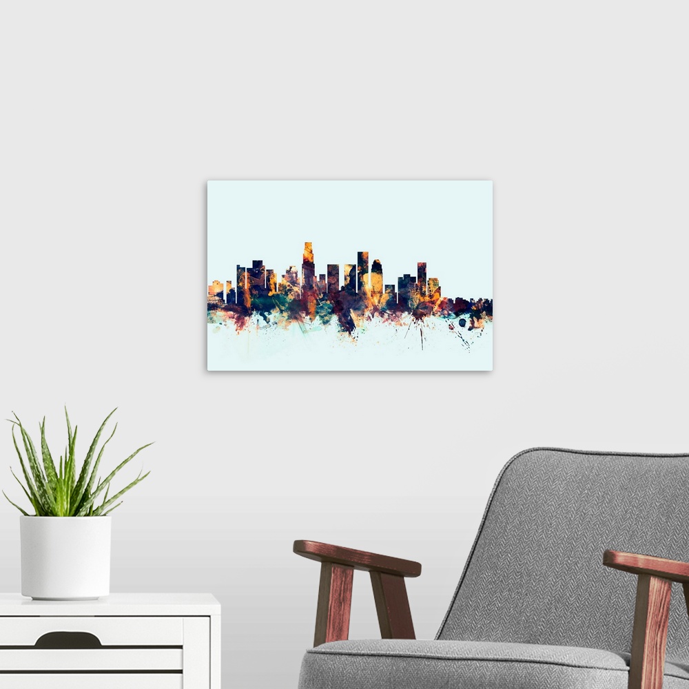 A modern room featuring Dark watercolor silhouette of the Los Angeles city skyline against a light blue background.