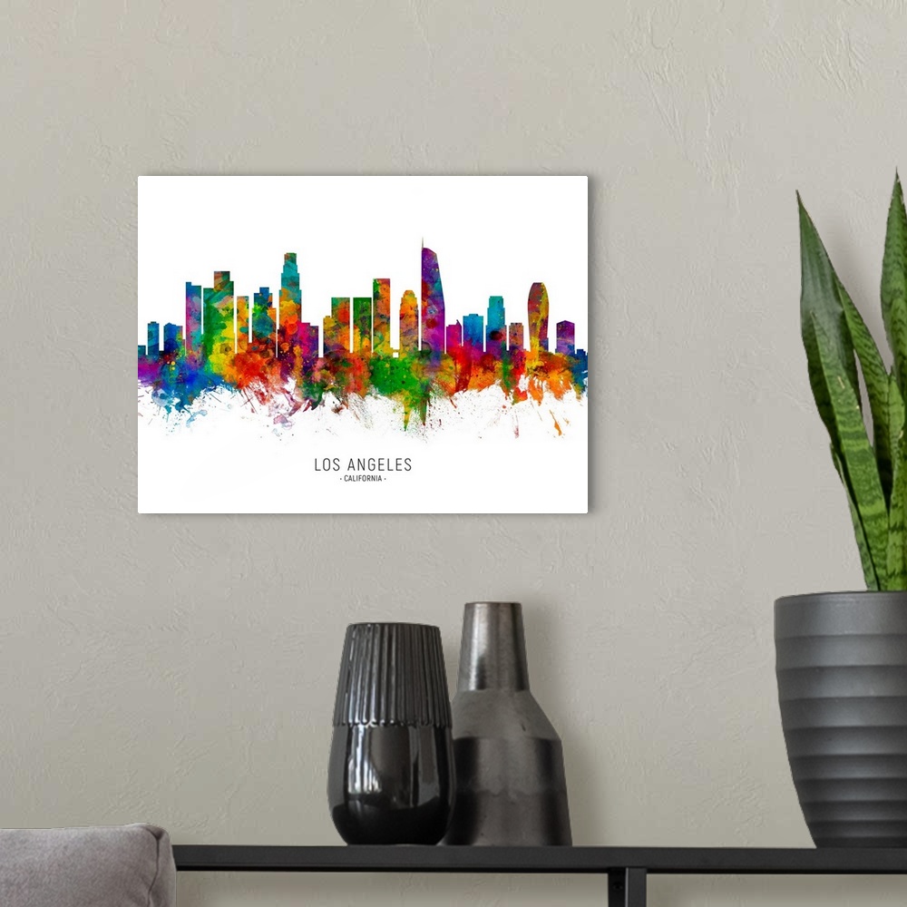 A modern room featuring Watercolor art print of the skyline of Los Angeles, California, United States.