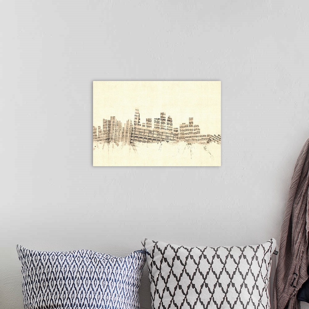 A bohemian room featuring Los Angeles skyline made of sheet music against a weathered beige background.