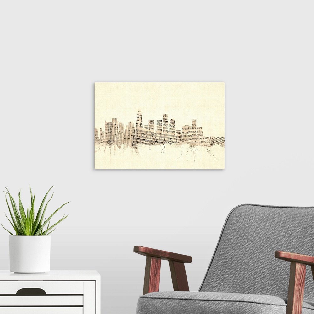 A modern room featuring Los Angeles skyline made of sheet music against a weathered beige background.