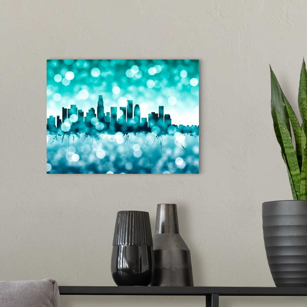 A modern room featuring Watercolor art print of the skyline of Los Angeles, California, United States.