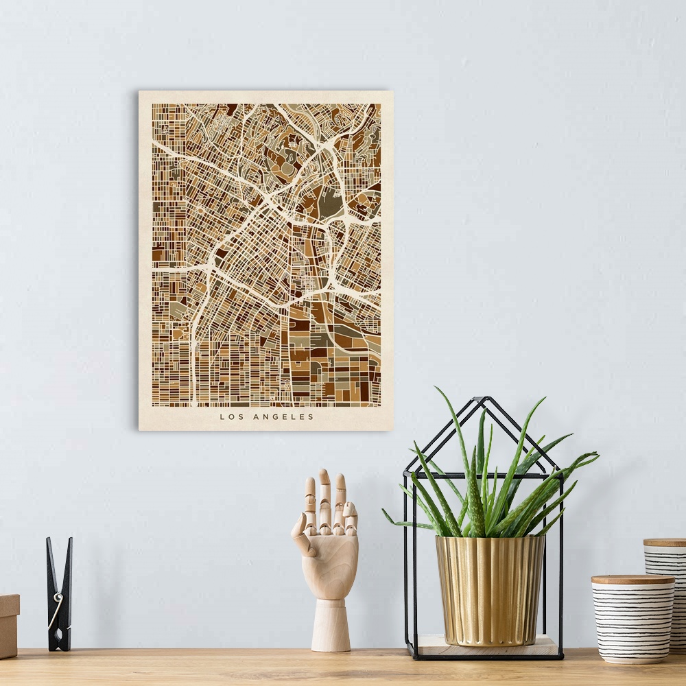 A bohemian room featuring A street map of Los Angeles, California, United States on a vintage background.