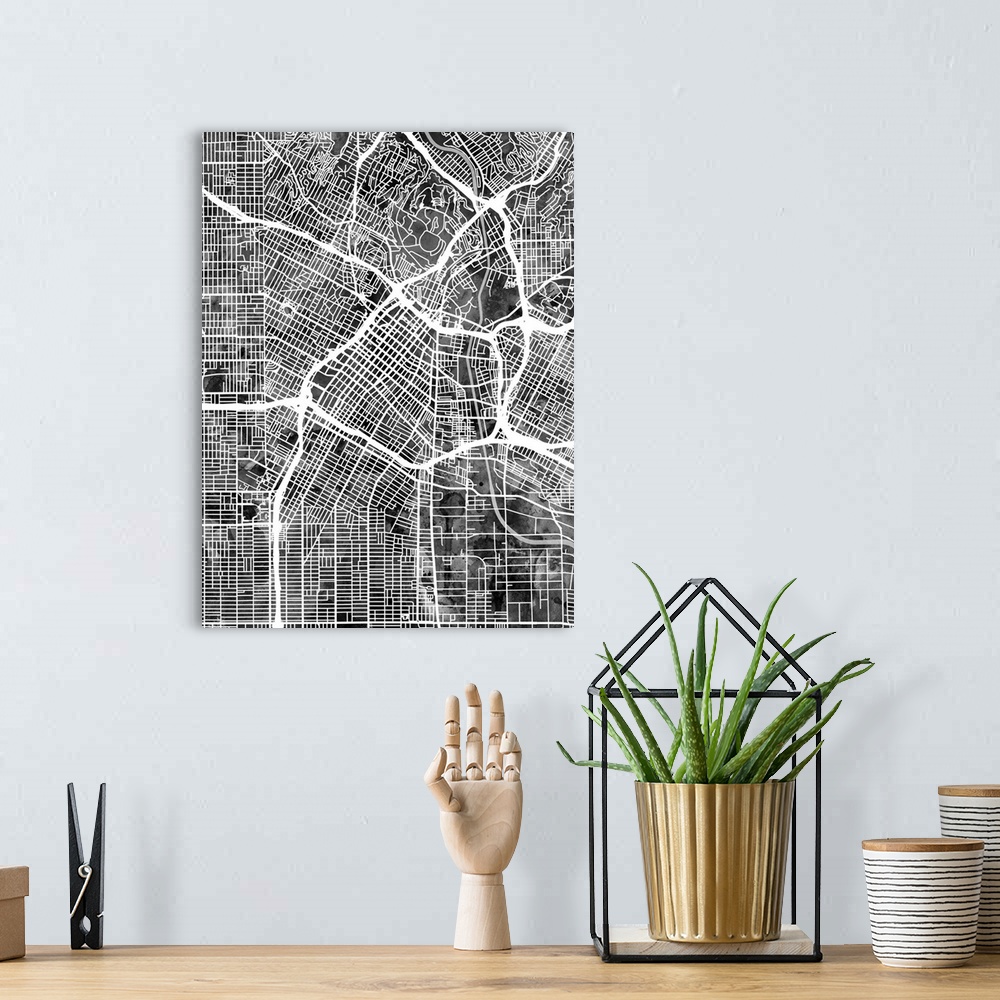 A bohemian room featuring A watercolor street map of Los Angeles, California, United States.