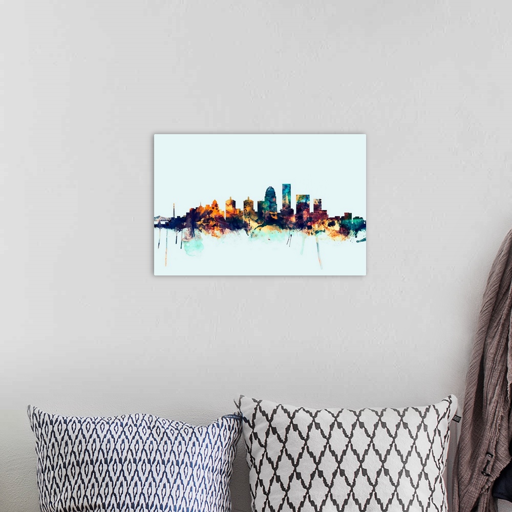 A bohemian room featuring Dark watercolor silhouette of the Louisville city skyline against a light blue background.