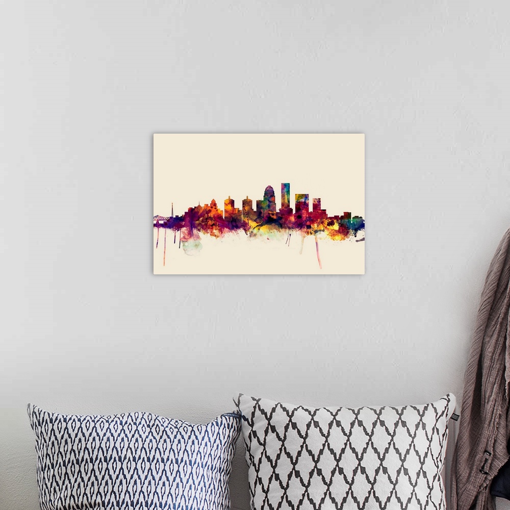 A bohemian room featuring Dark watercolor splattered silhouette of the Louisville city skyline.