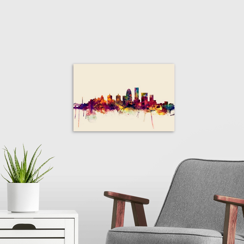 A modern room featuring Dark watercolor splattered silhouette of the Louisville city skyline.