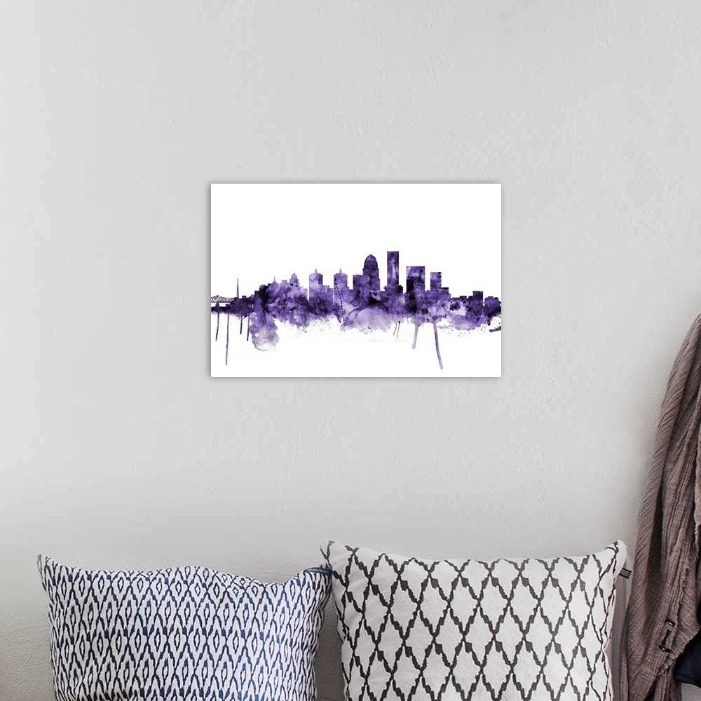 A bohemian room featuring Watercolor art print of the skyline of Louisville, Kentucky, United States