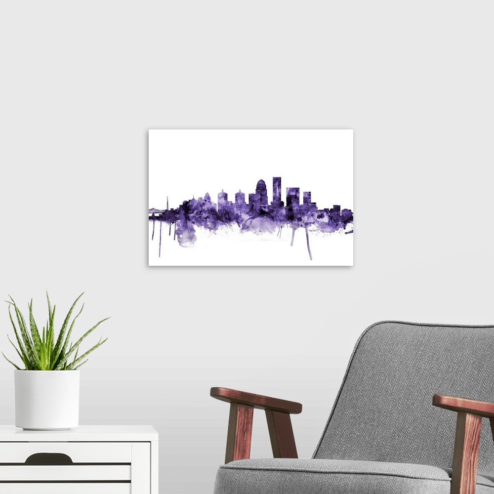 A modern room featuring Watercolor art print of the skyline of Louisville, Kentucky, United States