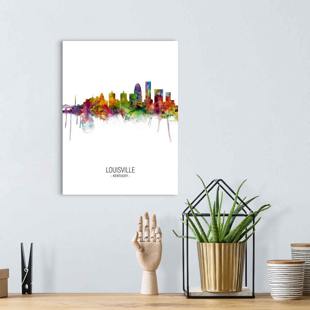 A bohemian room featuring Watercolor art print of the skyline of Louisville, Kentucky, United States