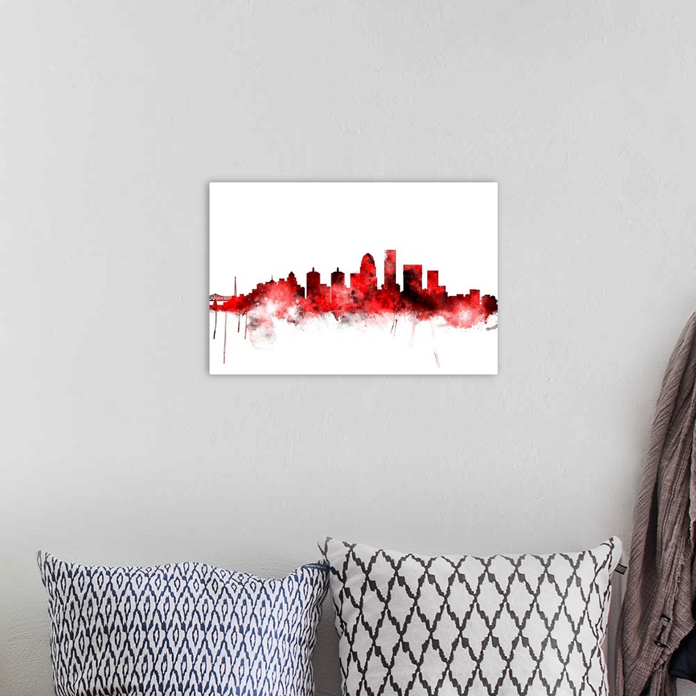 A bohemian room featuring Watercolor art print of the skyline of Louisville, Kentucky, United States.