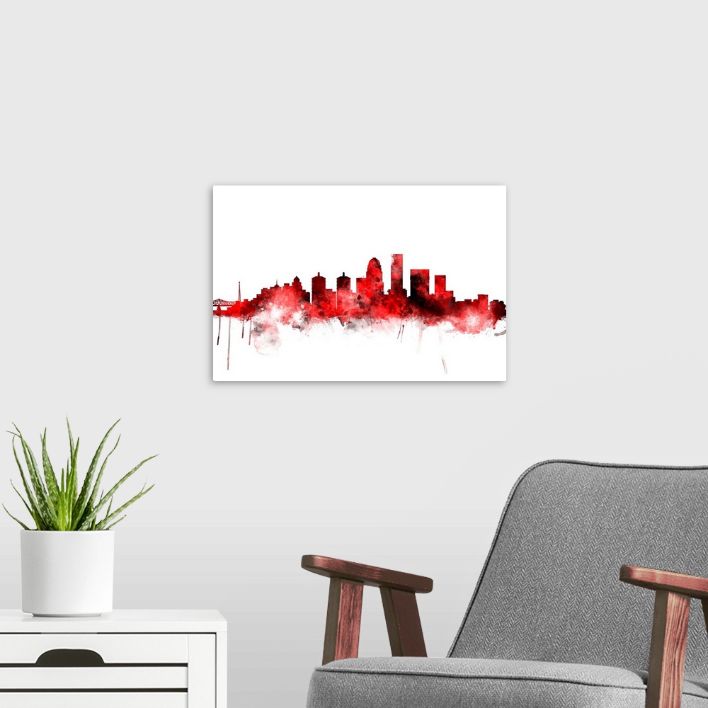 A modern room featuring Watercolor art print of the skyline of Louisville, Kentucky, United States.