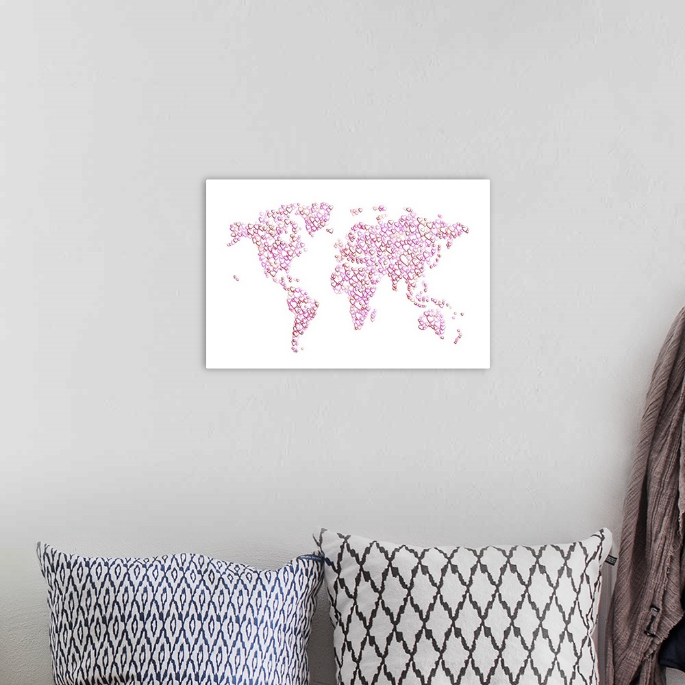 A bohemian room featuring Map of the World made from overlapping pink and red semi-transparent outlined hearts, on a white ...