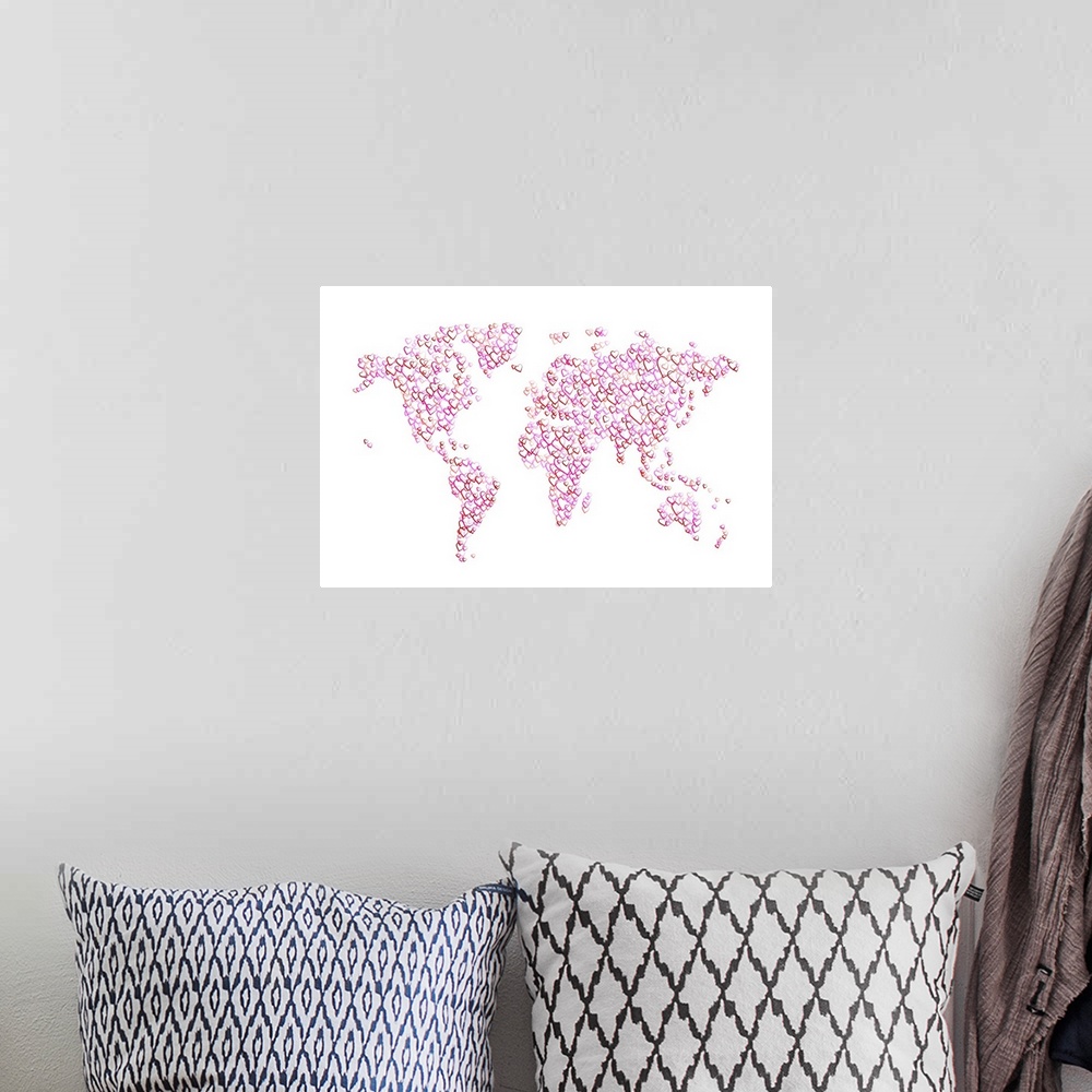 A bohemian room featuring Map of the World made from overlapping pink and red semi-transparent outlined hearts, on a white ...
