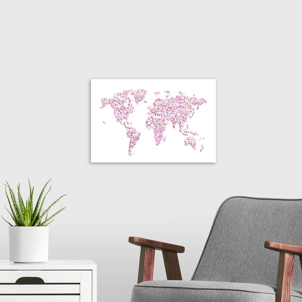 A modern room featuring Map of the World made from overlapping pink and red semi-transparent outlined hearts, on a white ...