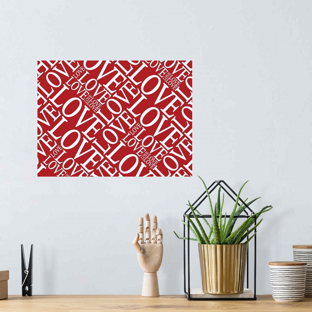 A bohemian room featuring Love in Red, typography text art print and canvas print, with the words LOVE written against a re...