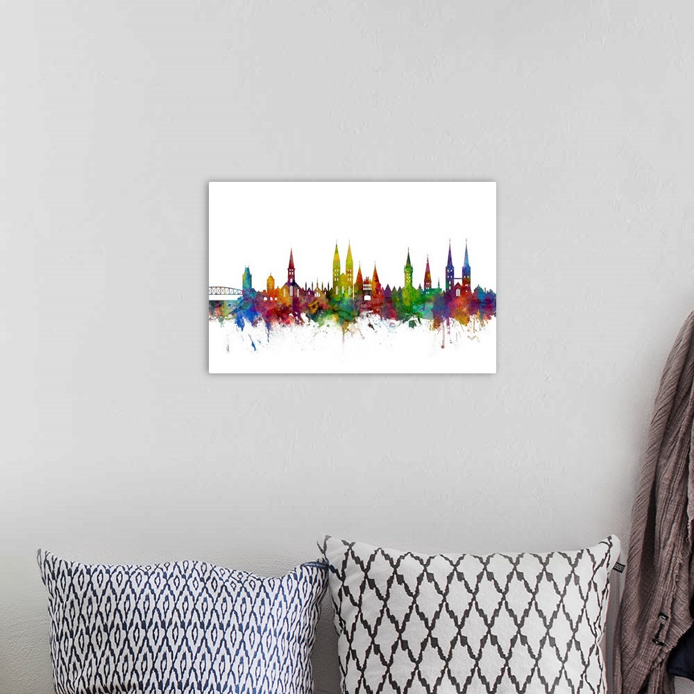 A bohemian room featuring Watercolor art print of the skyline of Lubeck, Germany