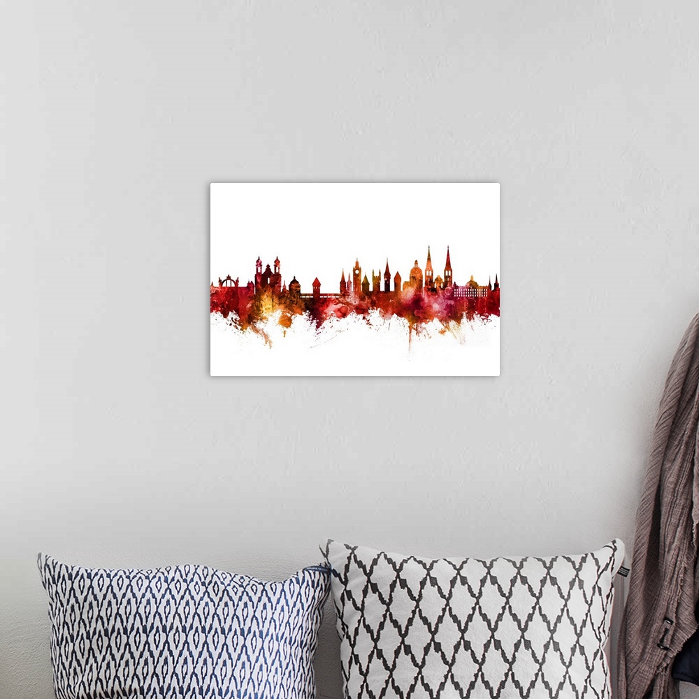 A bohemian room featuring Watercolor art print of the skyline of Lucerne, Switzerland.