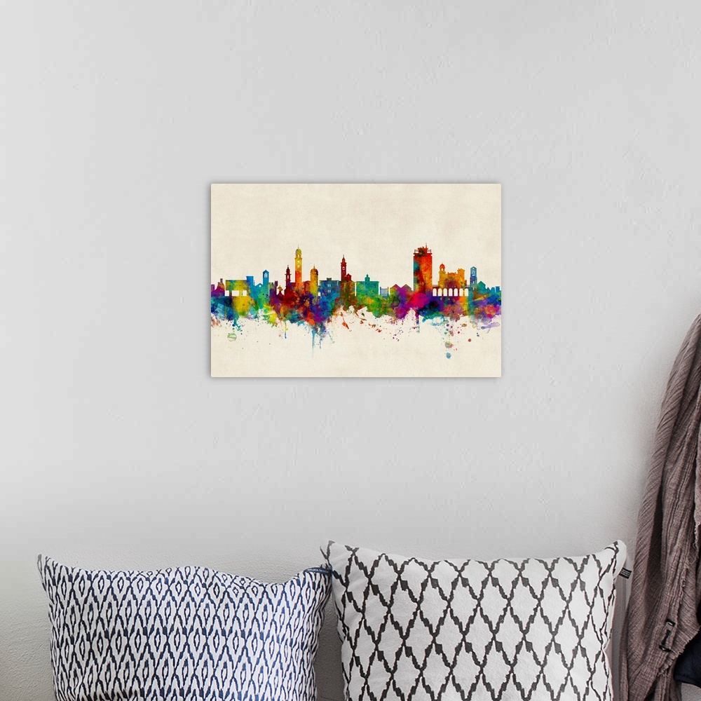 A bohemian room featuring Watercolor art print of the skyline of Lugano, Switzerland