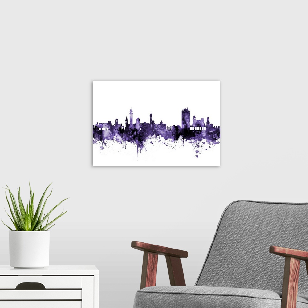 A modern room featuring Watercolor art print of the skyline of Lugano, Switzerland