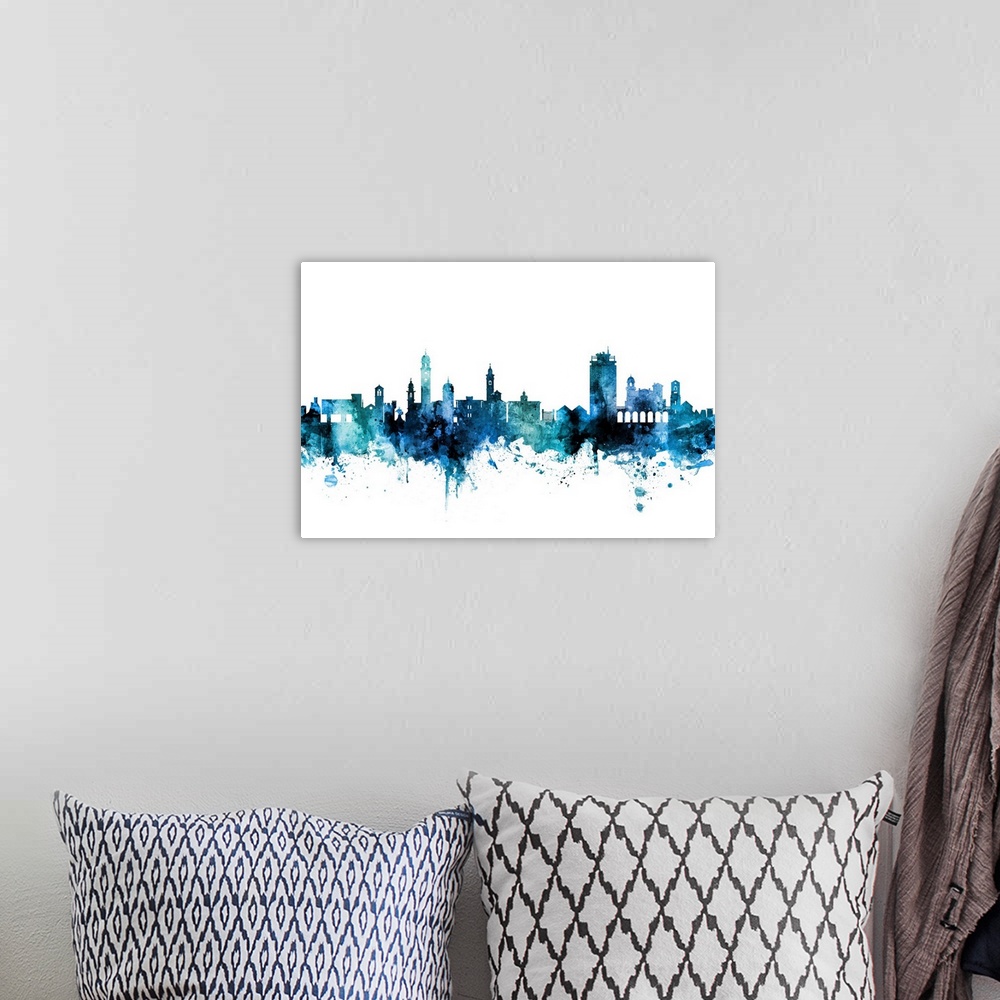 A bohemian room featuring Watercolor art print of the skyline of Lugano, Switzerland.