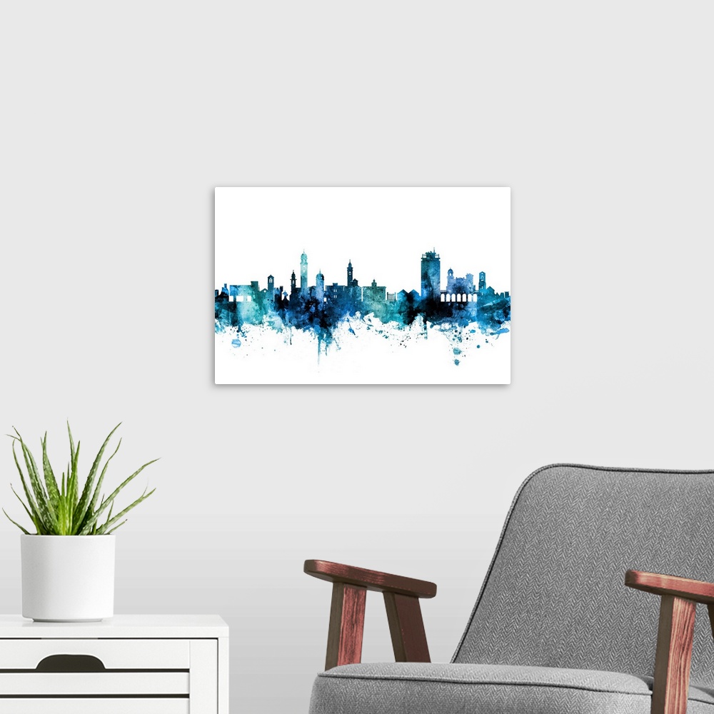 A modern room featuring Watercolor art print of the skyline of Lugano, Switzerland.
