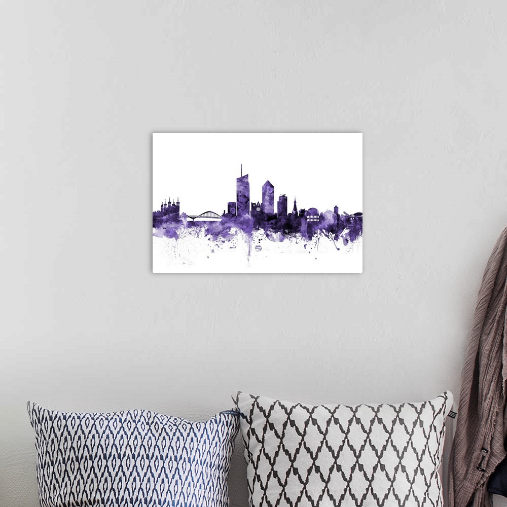 A bohemian room featuring Watercolor art print of the skyline of Lyon, France