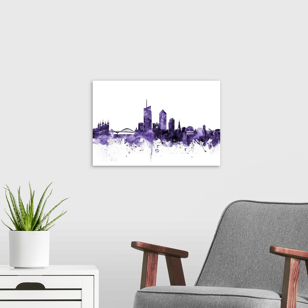 A modern room featuring Watercolor art print of the skyline of Lyon, France