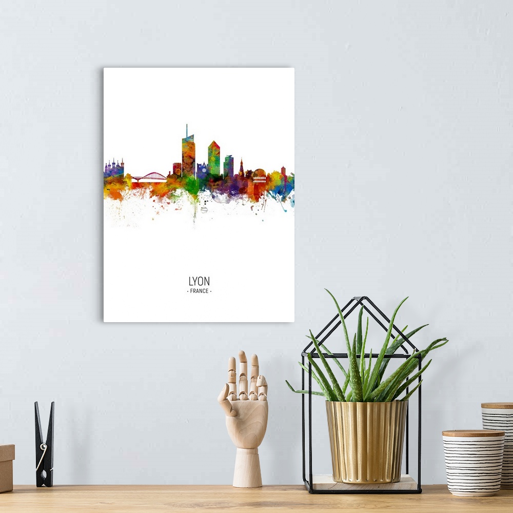 A bohemian room featuring Watercolor art print of the skyline of Lyon, France