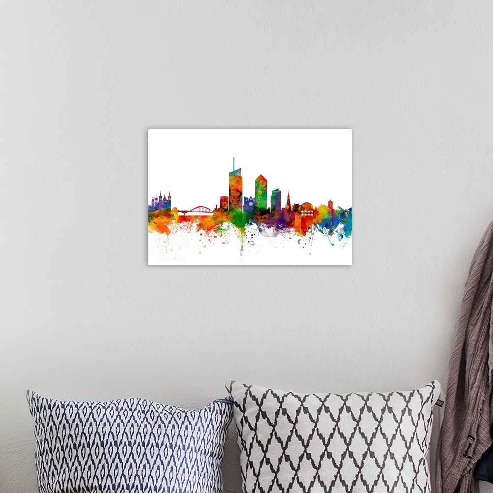 A bohemian room featuring Watercolor art print of the skyline of Lyon, France.