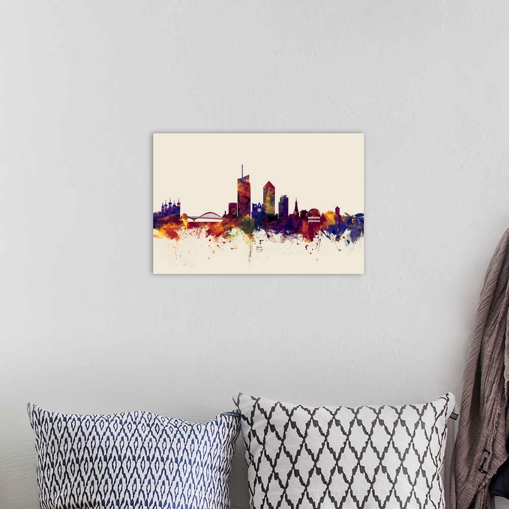 A bohemian room featuring Watercolor art print of the skyline of Lyon, France.