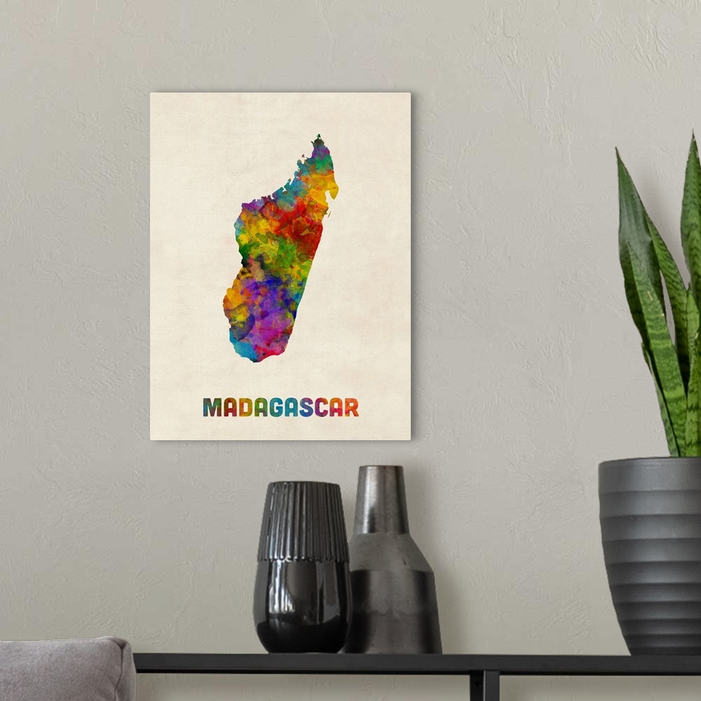 A modern room featuring A watercolor map of Madagascar