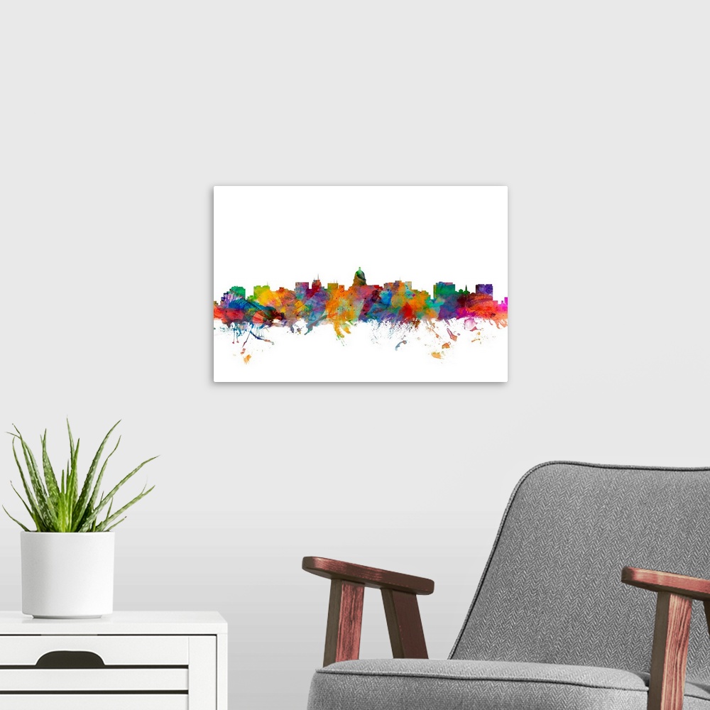 A modern room featuring Watercolor artwork of the Madison skyline against a white background.