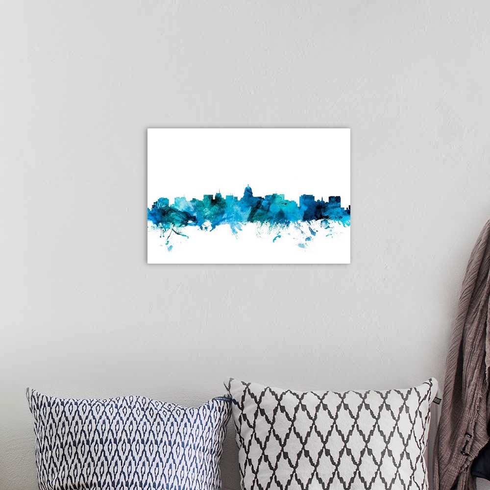 A bohemian room featuring Watercolor art print of the skyline of Madison, Wisconsin, United States.