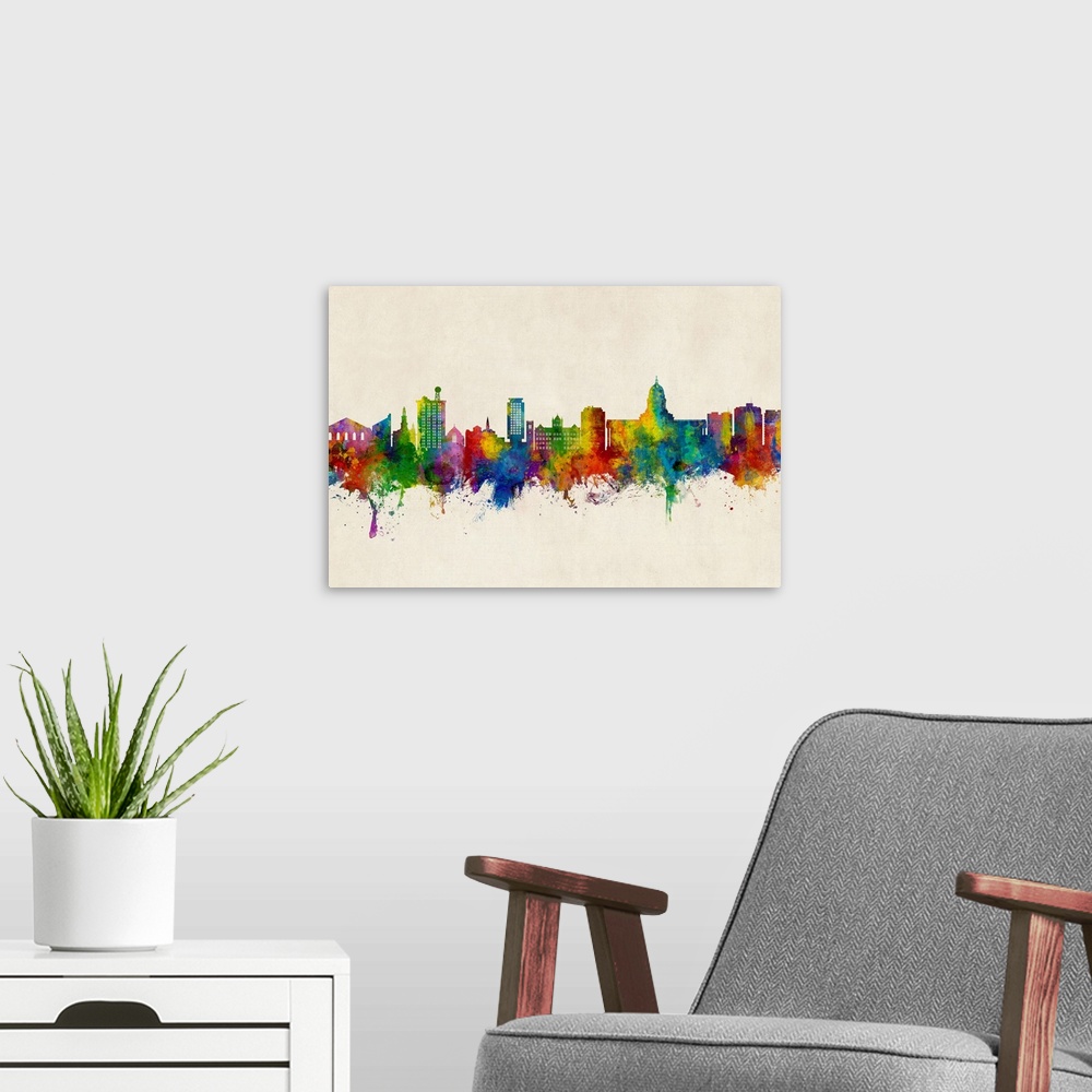 A modern room featuring Watercolor art print of the skyline of Madison, Wisconsin, United States