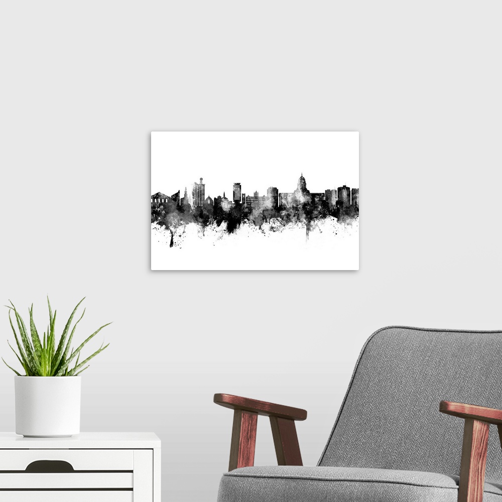 A modern room featuring Watercolor art print of the skyline of Madison, Wisconsin, United States