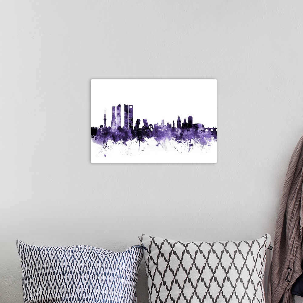 A bohemian room featuring Watercolor art print of the skyline of Madrid, Spain