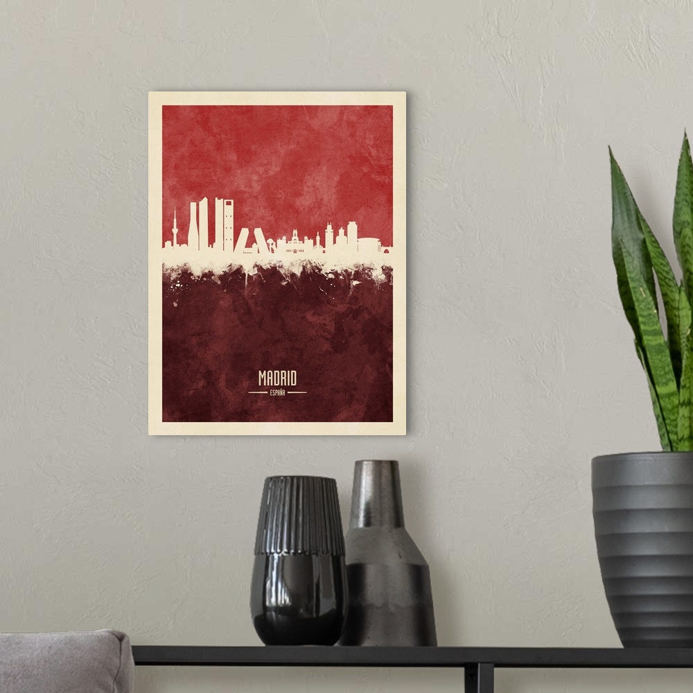 A modern room featuring Watercolor art print of the skyline of Madrid, Spain.