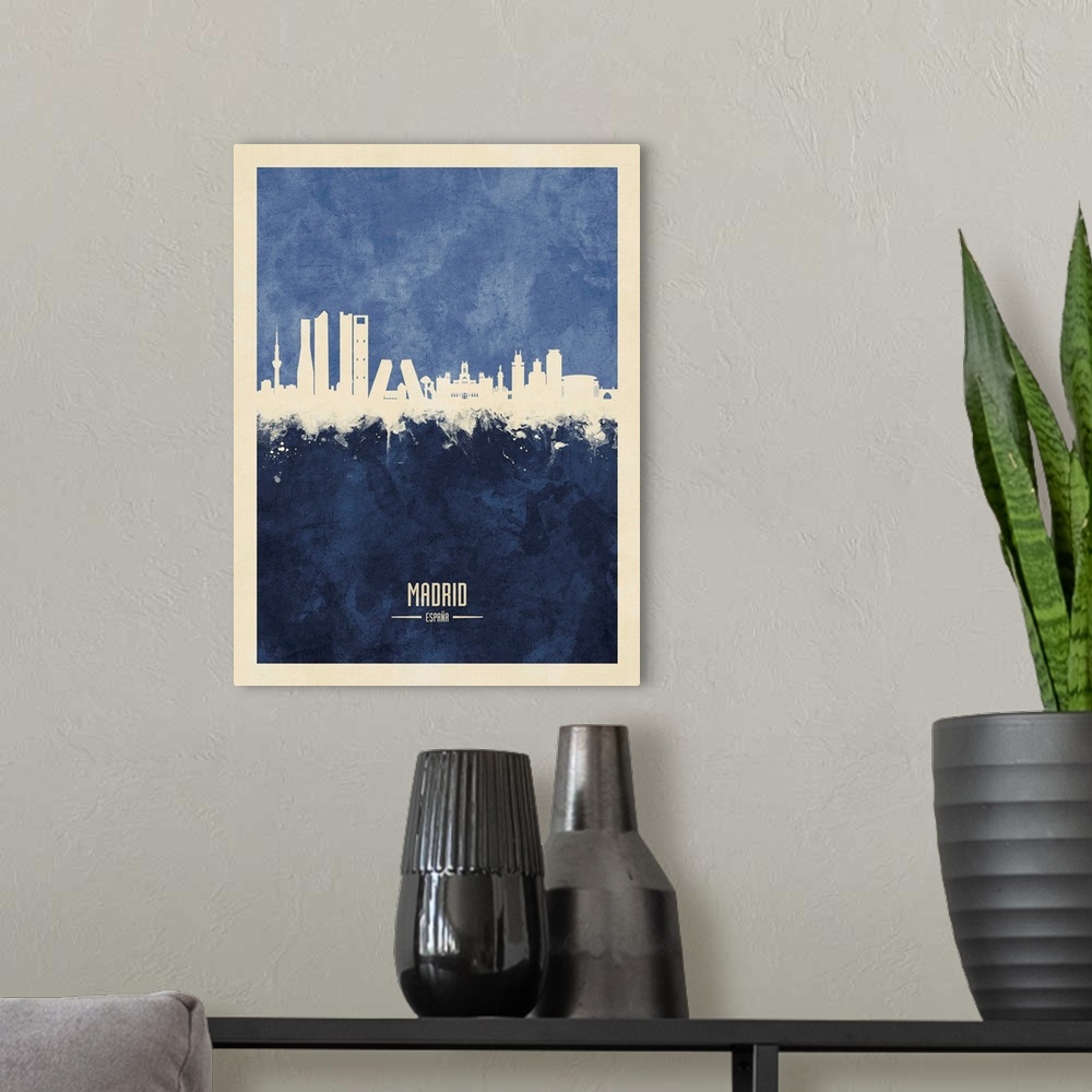 A modern room featuring Watercolor art print of the skyline of Madrid, Spain