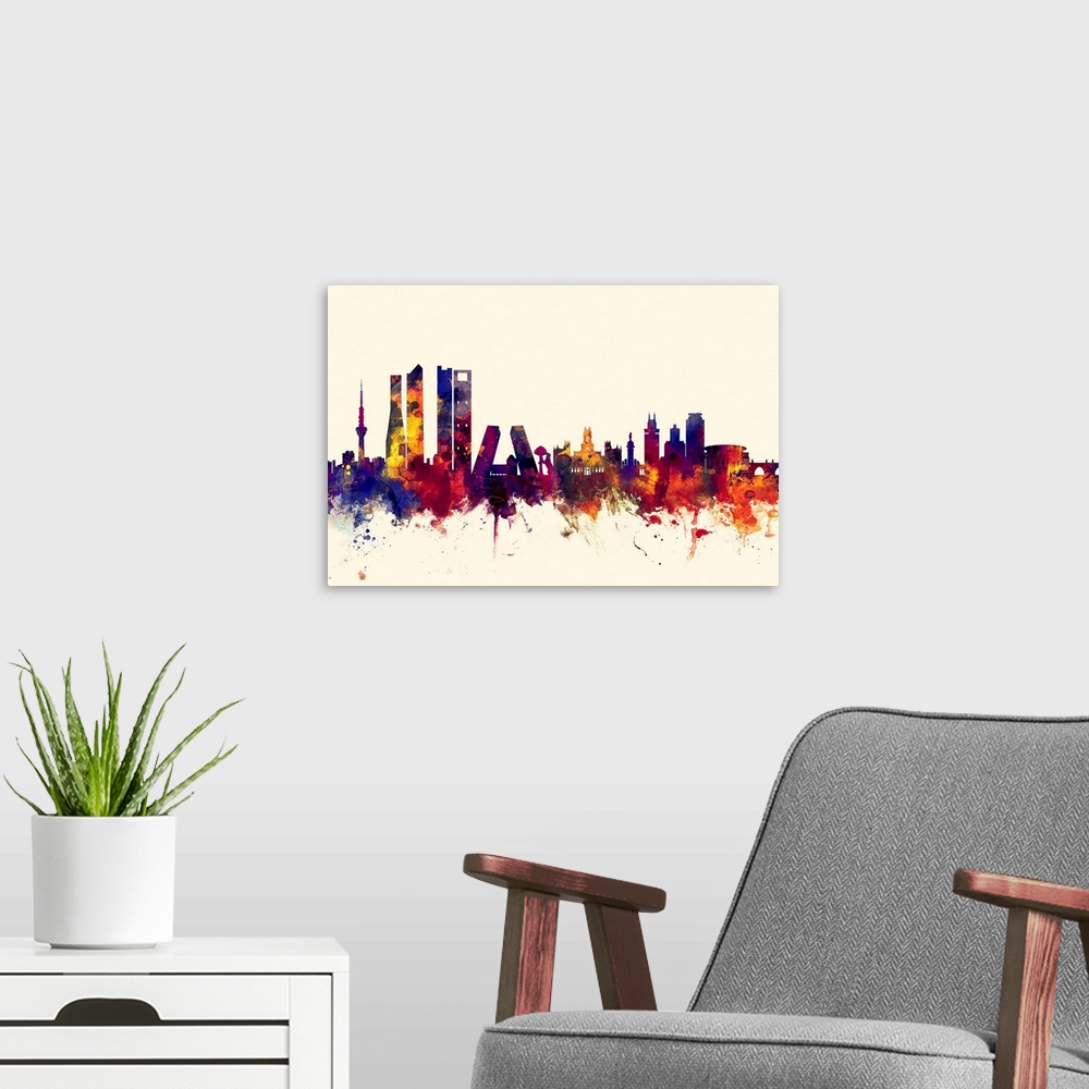 A modern room featuring Watercolor art print of the skyline of Madrid, Spain.