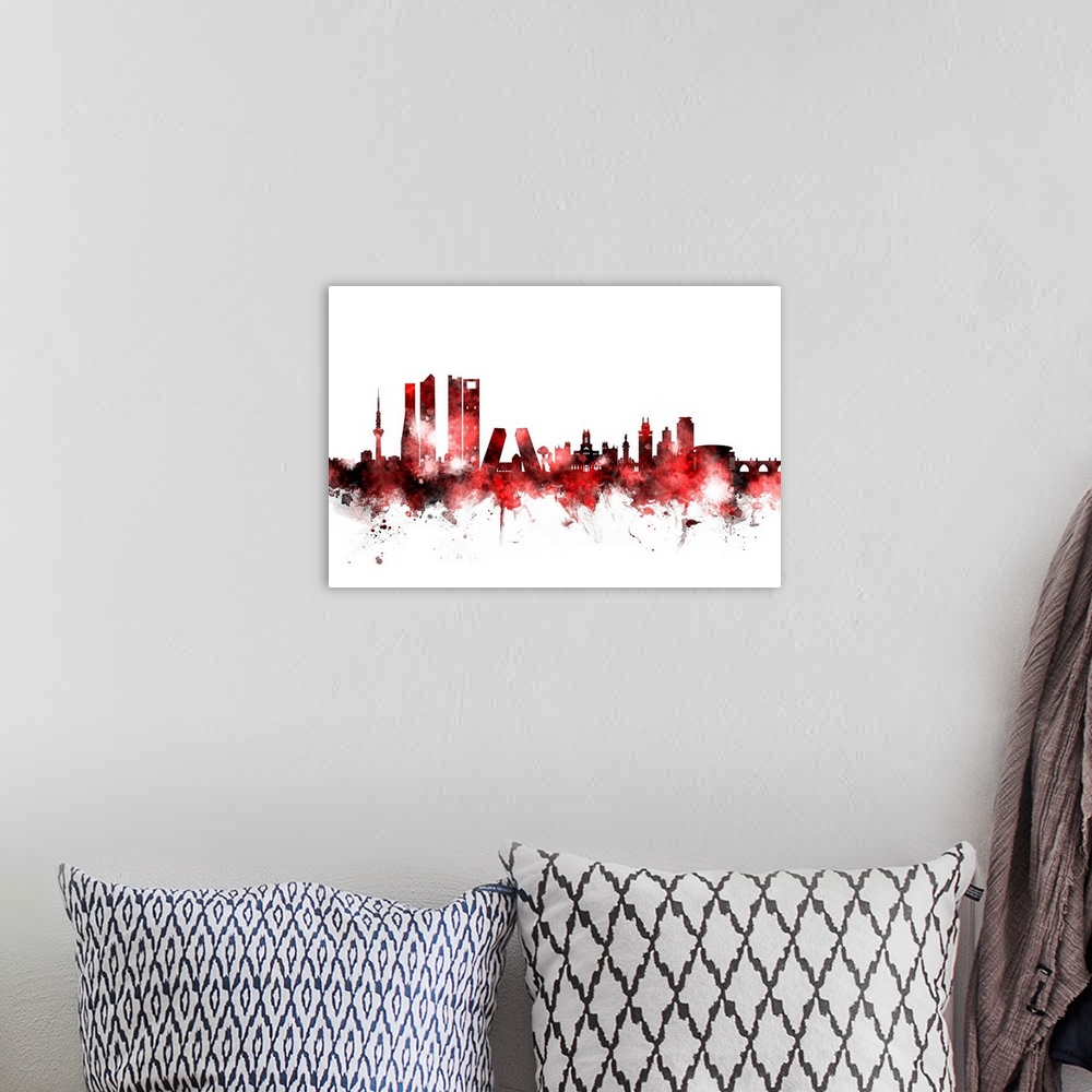 A bohemian room featuring Watercolor art print of the skyline of Madrid, Spain.