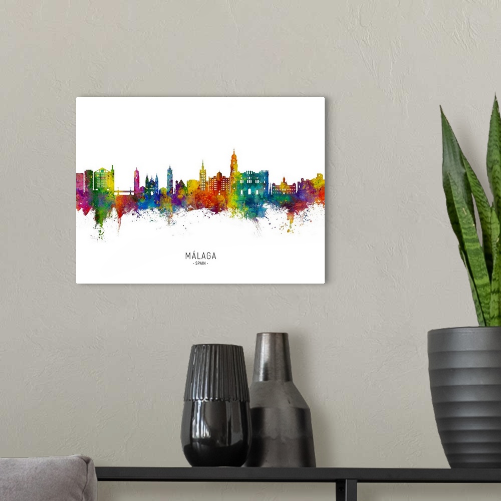 A modern room featuring Watercolor art print of the skyline of Malaga, Spain