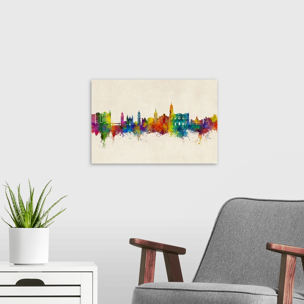 A modern room featuring Watercolor art print of the skyline of Malaga, Spain